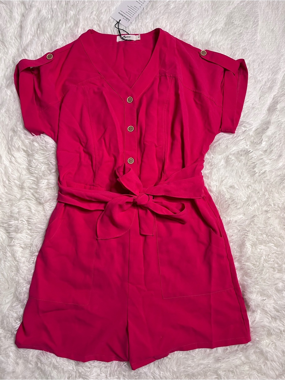 Hot Pink Button-Front Tie-Waist Romper